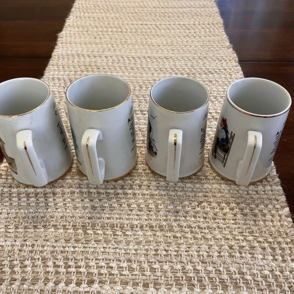 Norman Rockwell Coffee Mug set-Museum Series-Gold rim-Vintage Porcelain Set 4